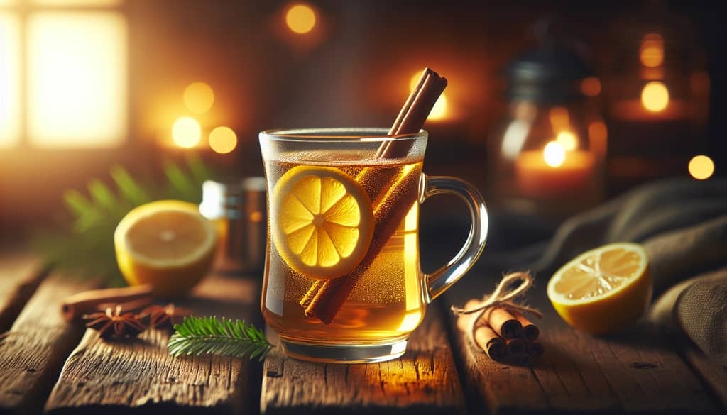 traditional whiskey toddy on wooden table with lemon and spices