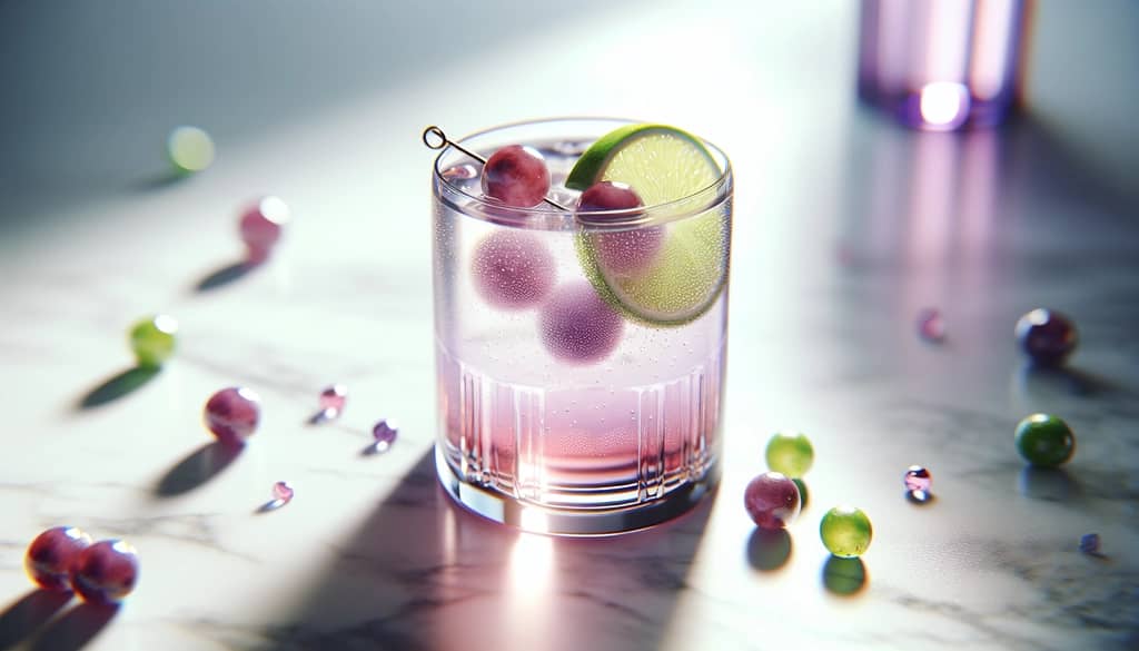 transfusion cocktail with fresh lime and grape on marble