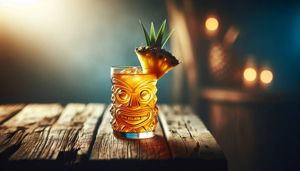cóctel tropical en vaso tiki con guarnición de frutas