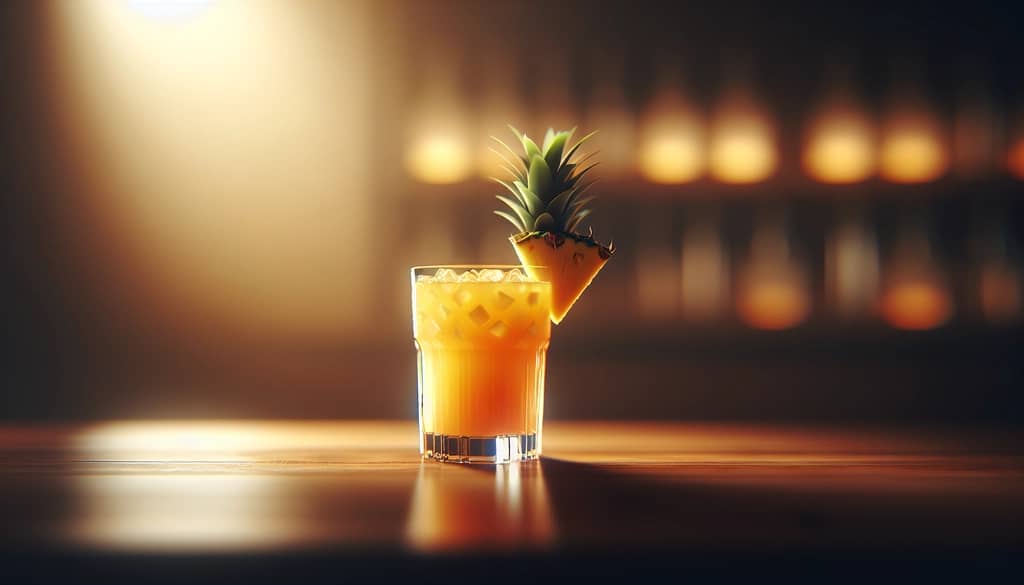 Tropical fruity cocktail with pineapple garnish in a highball glass