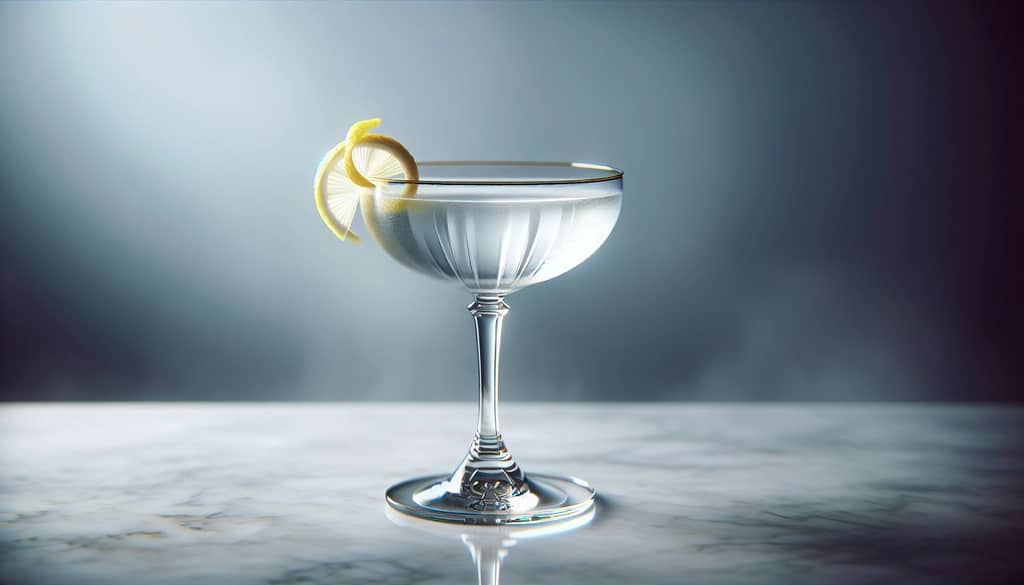 gelas koktail tuxedo dengan cairan bening dan kulit lemon