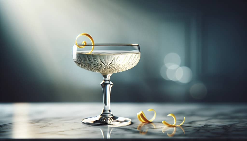 cocktail tuxedo với vỏ chanh xoắn trong ly coupe