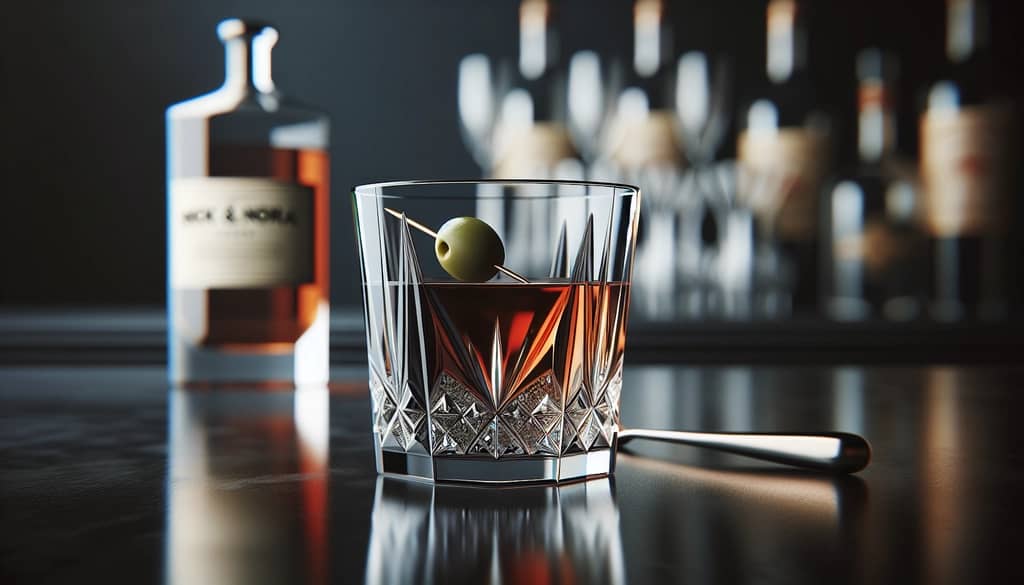 tuxedo cocktail with olive garnish in classic glass