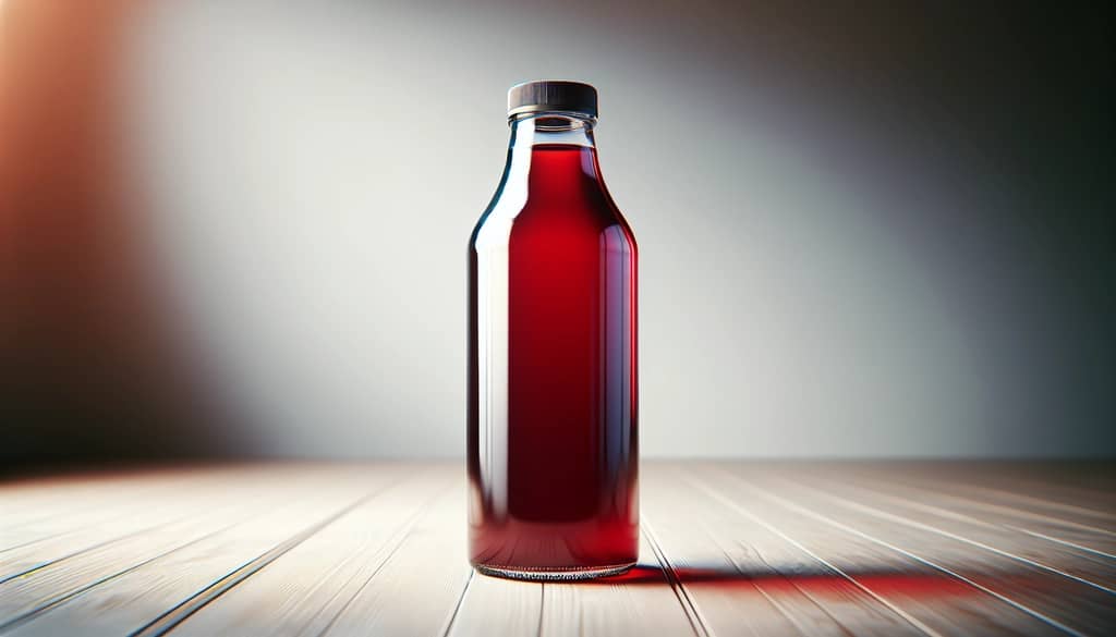 botella de jugo de arándano sin azúcar sobre una superficie de madera