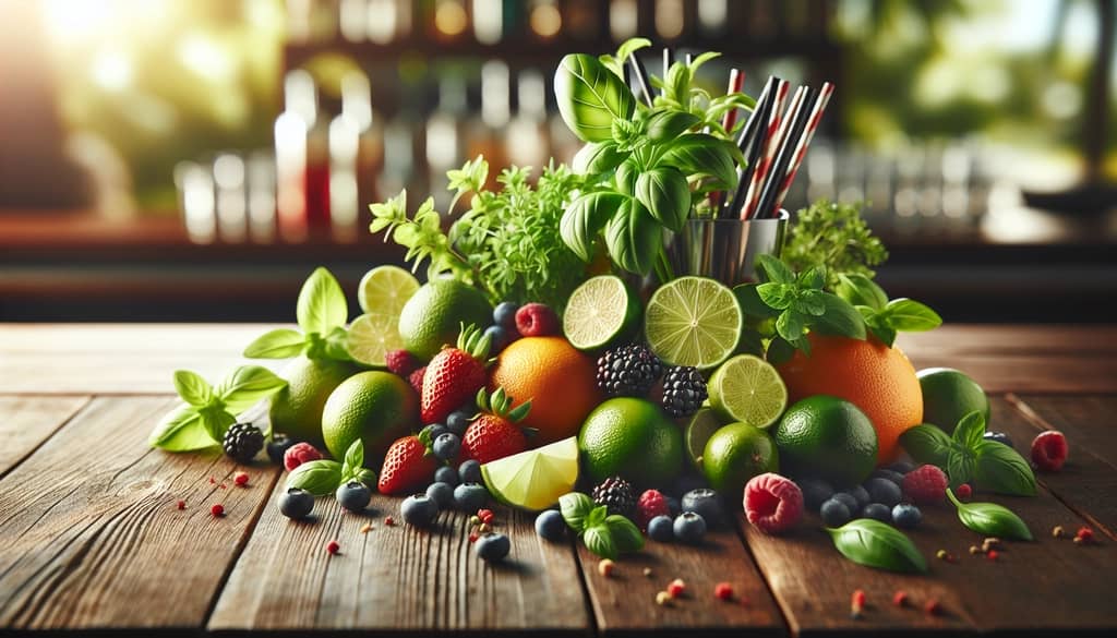 frutas y hierbas frescas para cócteles veganos en la barra
