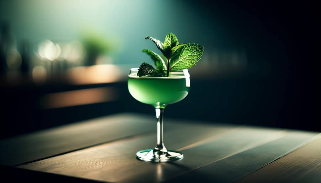 vegan cocktail with mint garnish on wood