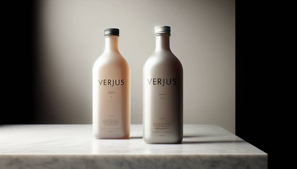 bottles of verjus and non-alcoholic white wine on counter