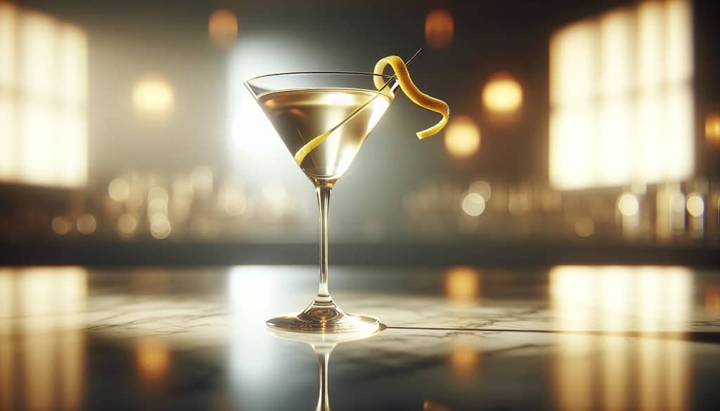 vesper martini con giro de limón en copa con tallo