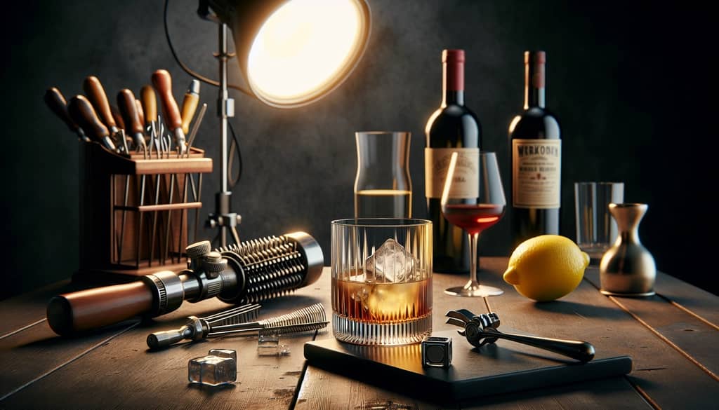 vintage bartending scene with whiskey sour preparation