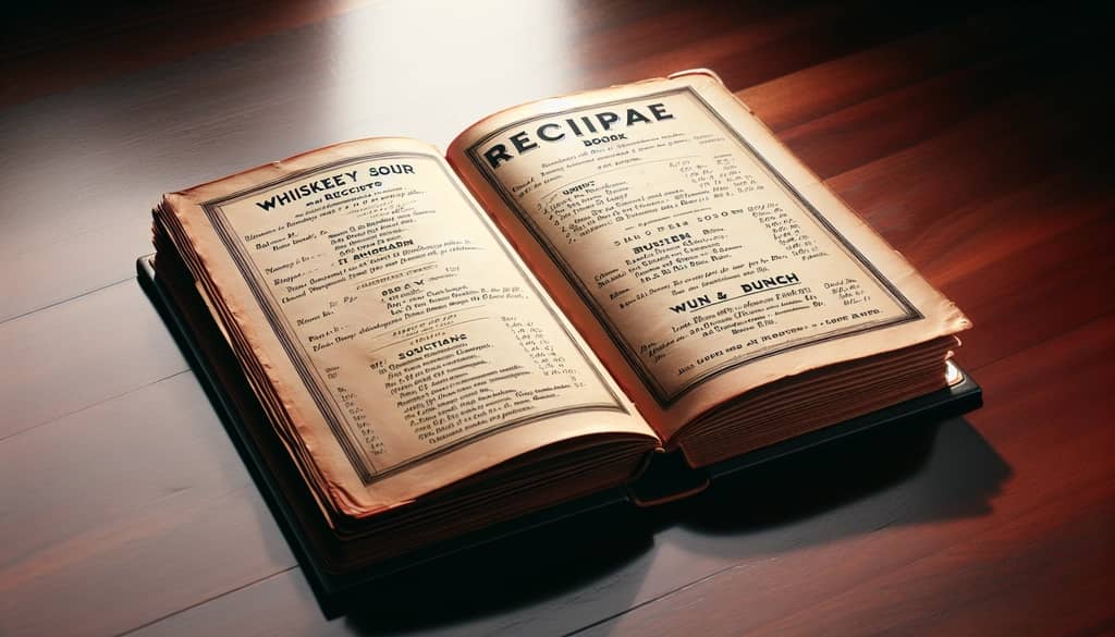 vintage cocktail book page with whiskey sour and punch recipes