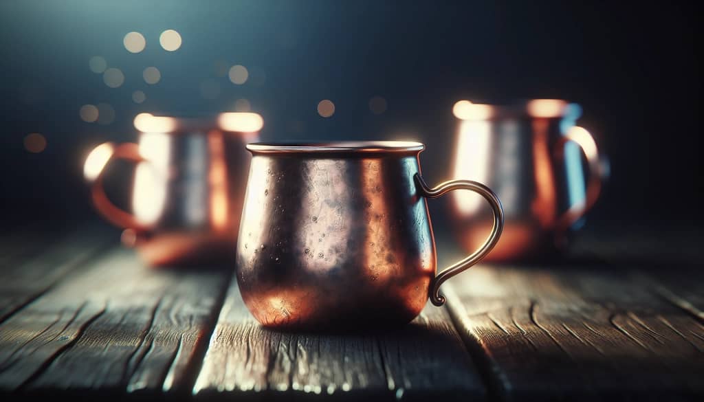vintage copper mugs on a wooden surface