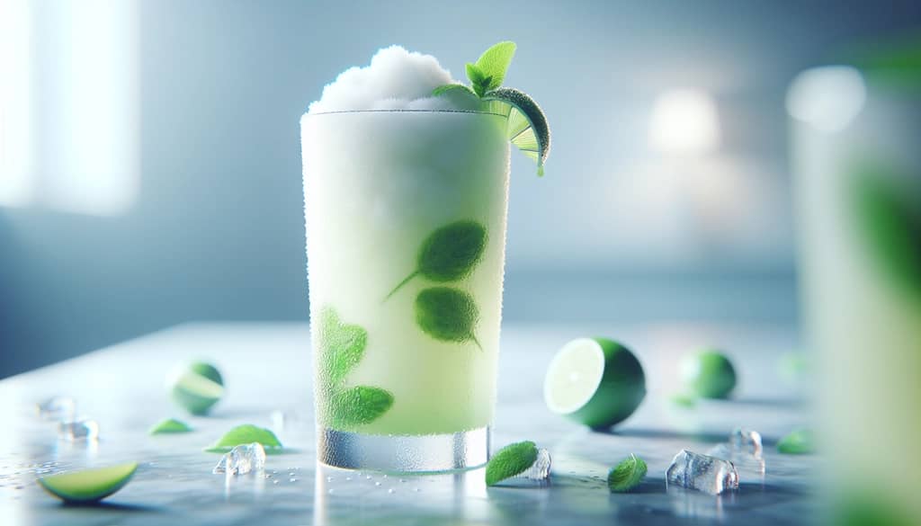 mojito analcolico ghiacciato in bicchiere highball con rametto di menta e fetta di lime