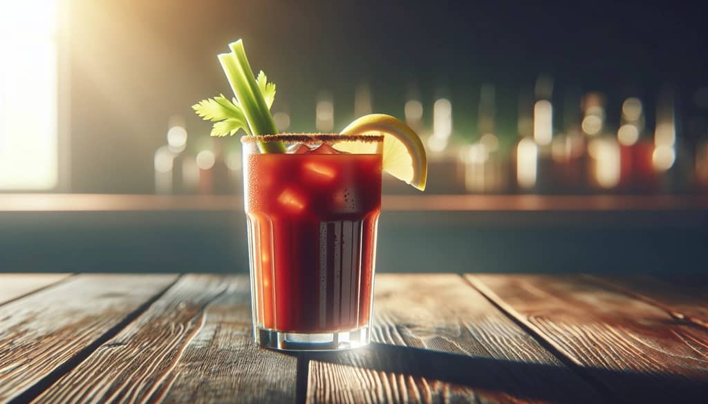 a virgin mary cocktail with celery and lemon in a highball glass