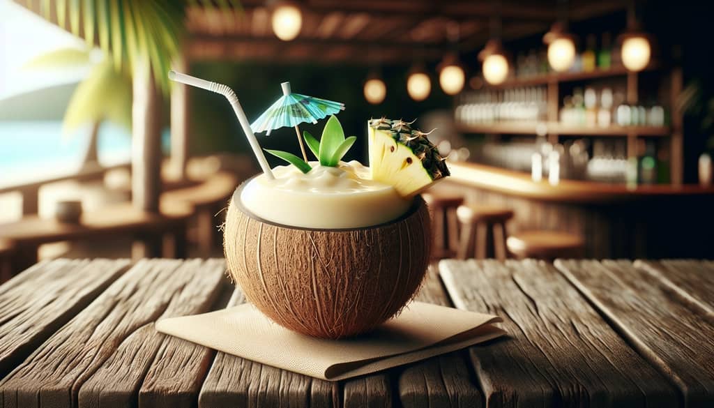 virgin piña colada served in a coconut shell with paper umbrella