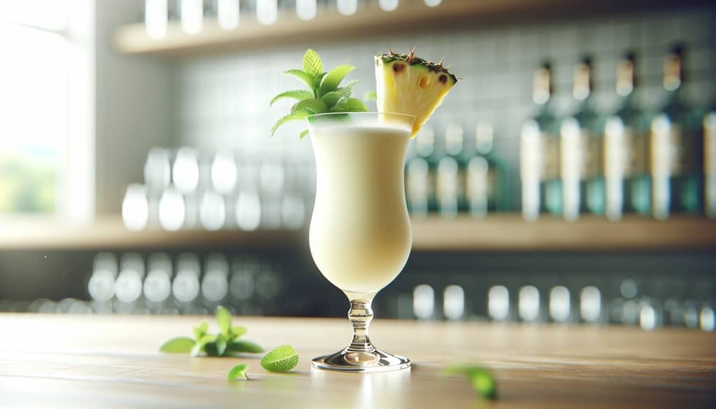 virgin piña colada in collins glass with mint sprig garnish