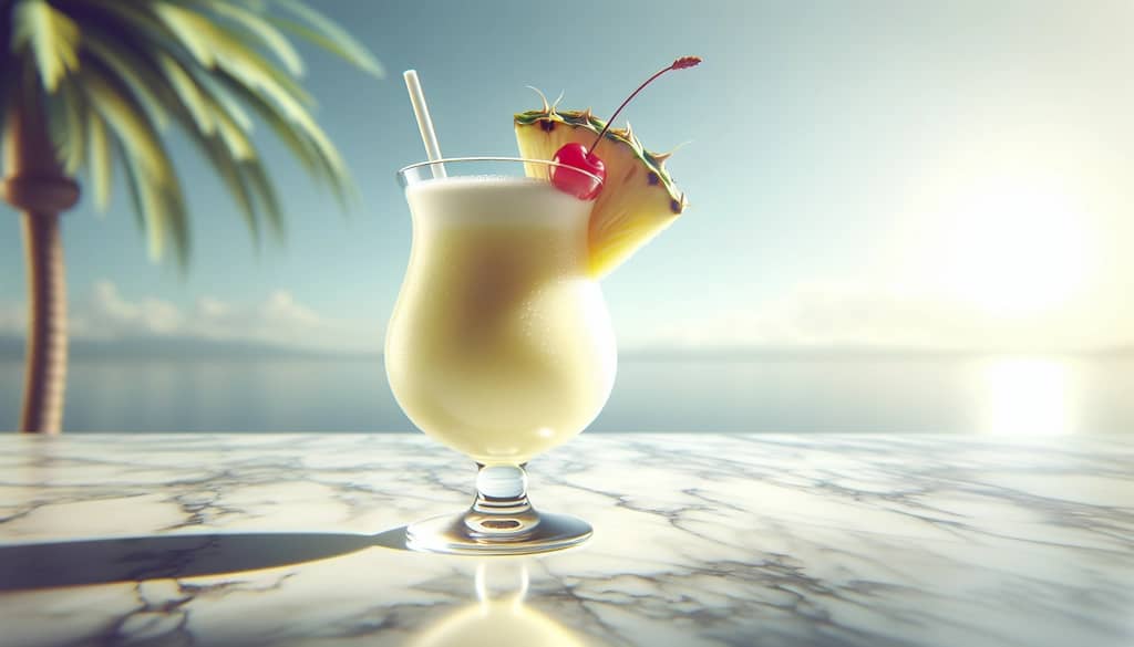piña colada virgin dalam gelas hurricane dengan hiasan irisan nanas
