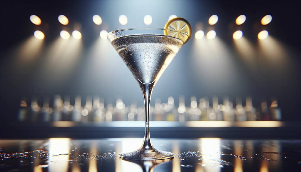 vodka martini in a cocktail glass with a lemon twist