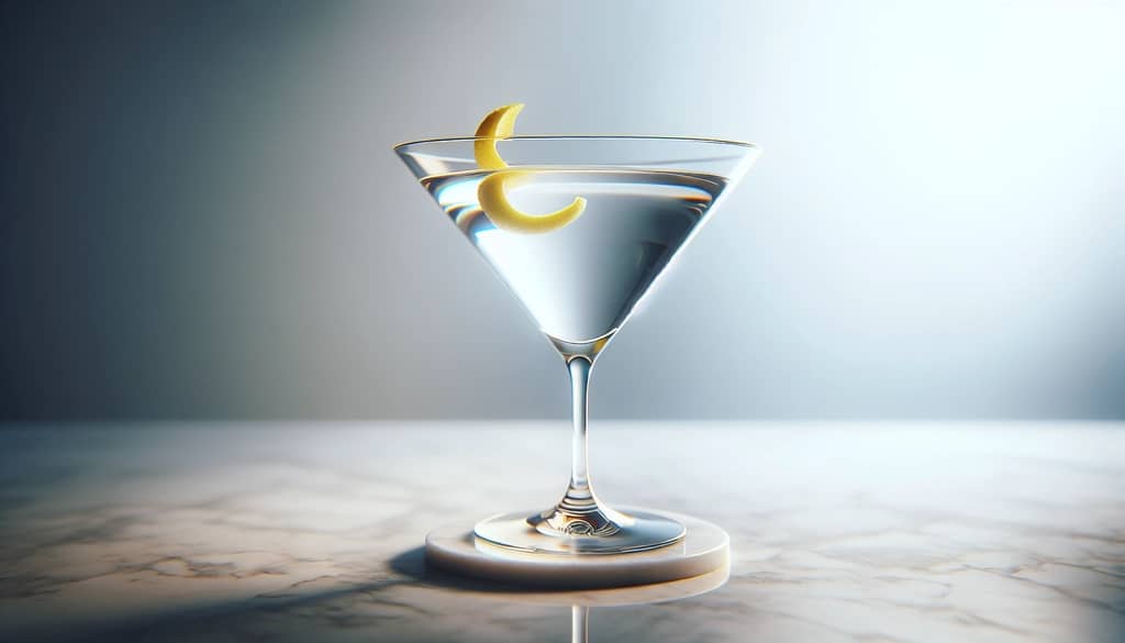 vodka extra dry martini with lemon twist in clear glass