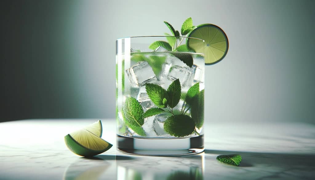 vodka mojito in highball with mint and lime