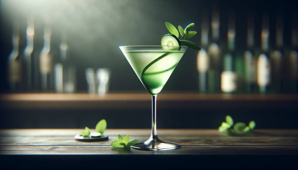 vodka mojito martini with cucumber garnish