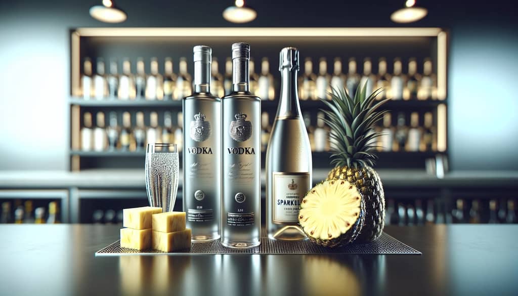 vodka bottles next to pineapple and sparkling wine