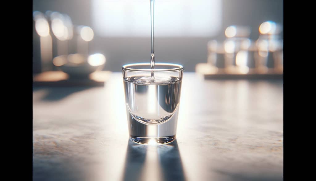 vodka en una botella de vidrio transparente y un vaso de chupito en un bar minimalista