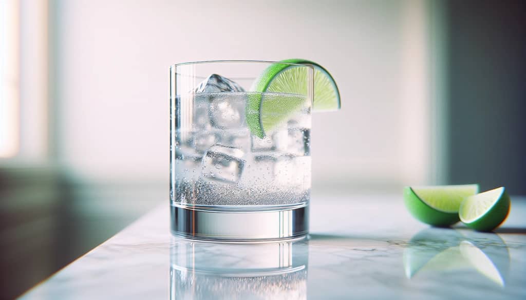 copa de cóctel con vodka soda clara y una rodaja de lima