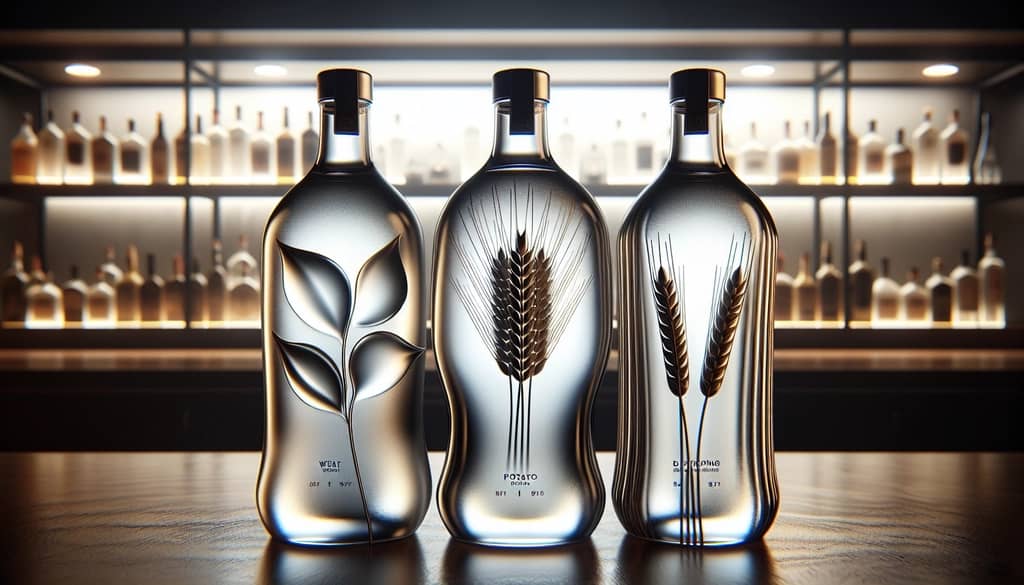 different types of vodka in bottles on bar shelf
