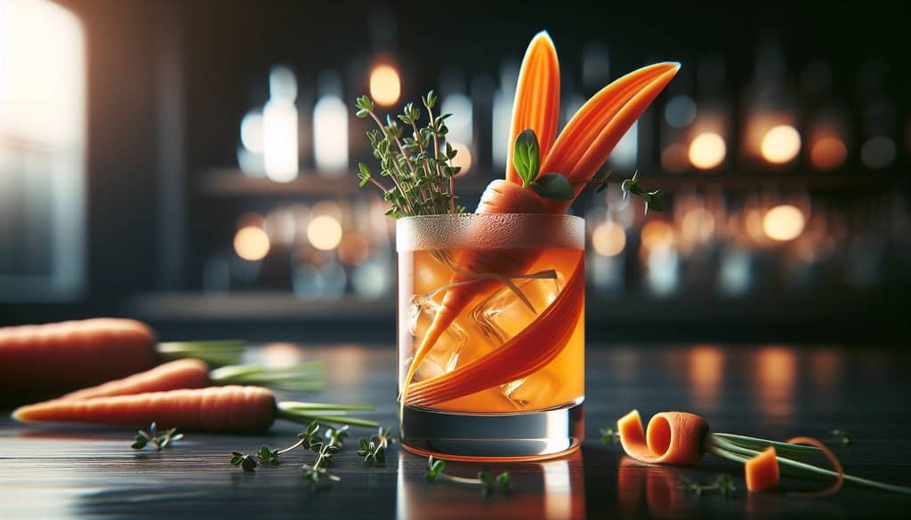 Wabbit Smash cocktail with carrot ribbon garnish on bar top