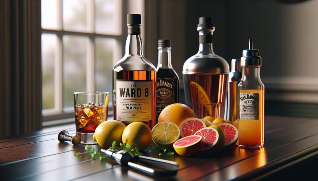 ward 8 cocktail ingredients and mixing tools on wood bar