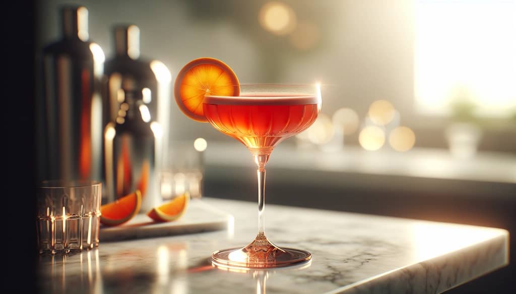 ward 8 cocktail on a marble surface with orange slice
