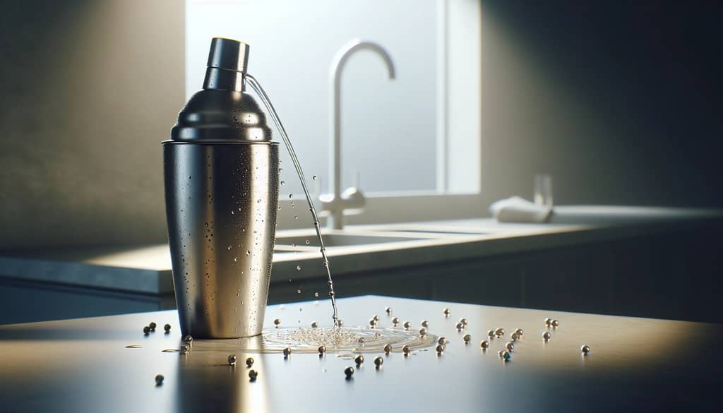 cocktail shaker with warm water running over metal