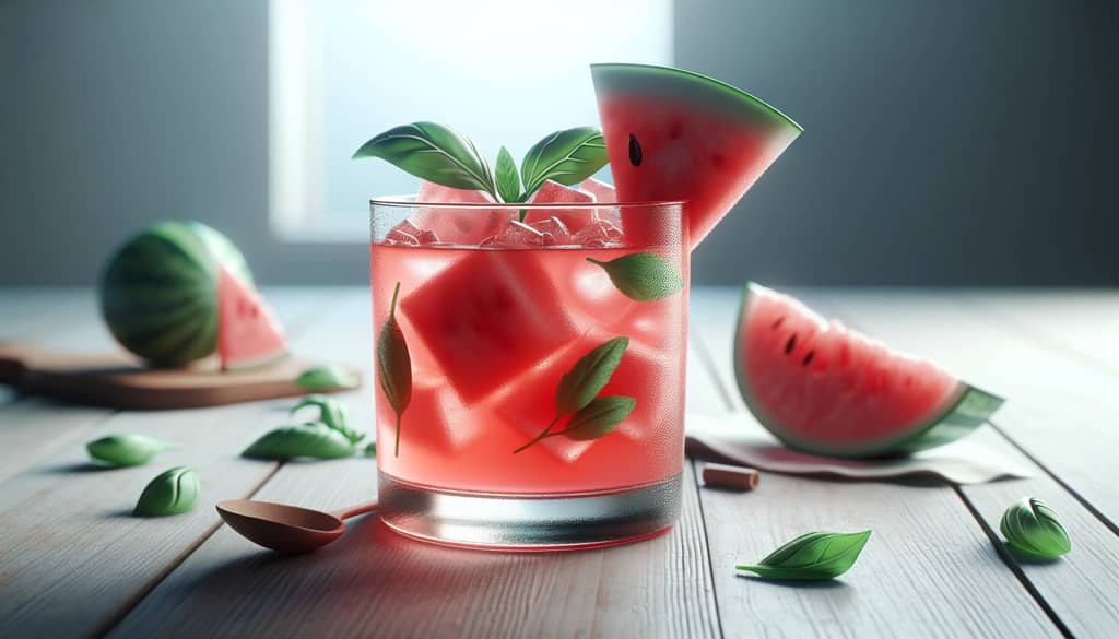 watermelon basil cooler in a rocks glass with basil garnish