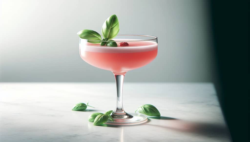 Gimlet de sandía y albahaca en copa coupe con guarnición de hoja de albahaca