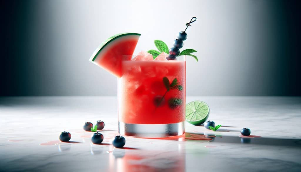 cocktail dưa hấu với trang trí trái cây hỗn hợp trong ly
