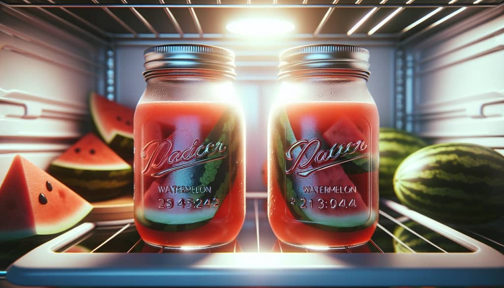 watermelon juice in labeled glass jars