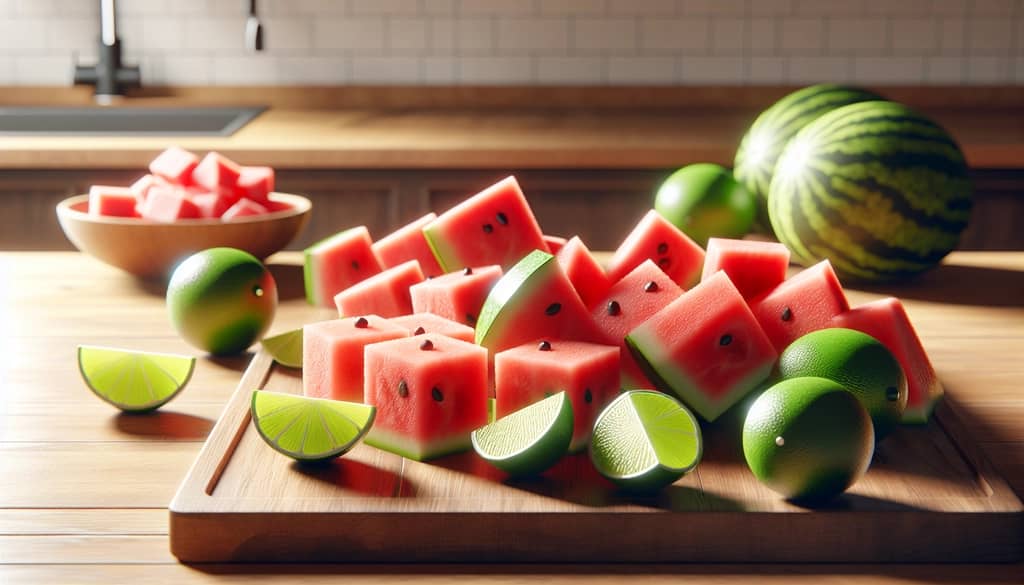 Watermelon cubes and lime on cutting board