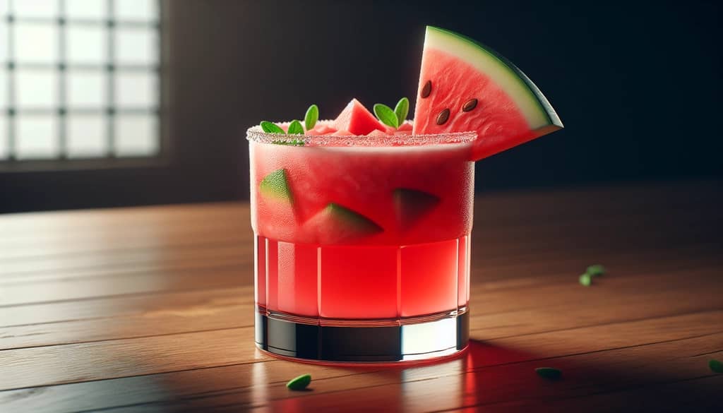watermelon margarita with cointreau pink wedge garnish