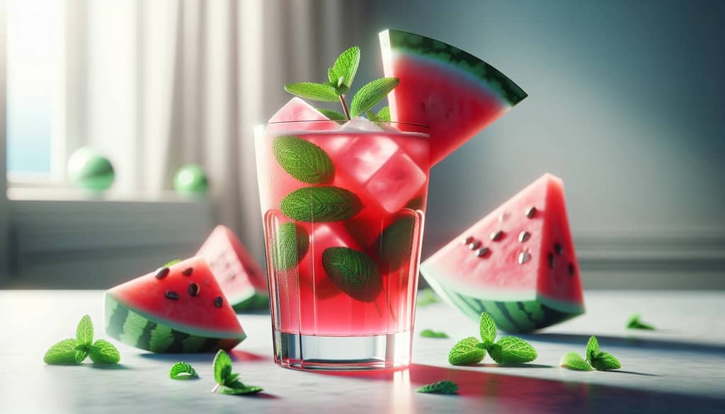 Koktail mojito semangka dalam gelas tinggi dengan hiasan mint