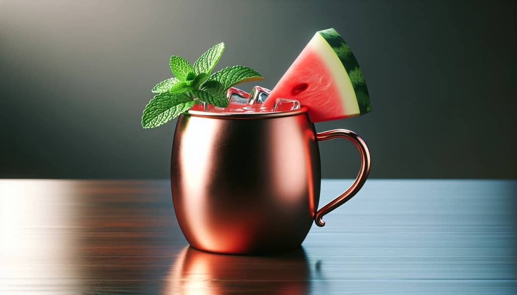 watermelon moscow mule in a copper mug with watermelon and mint