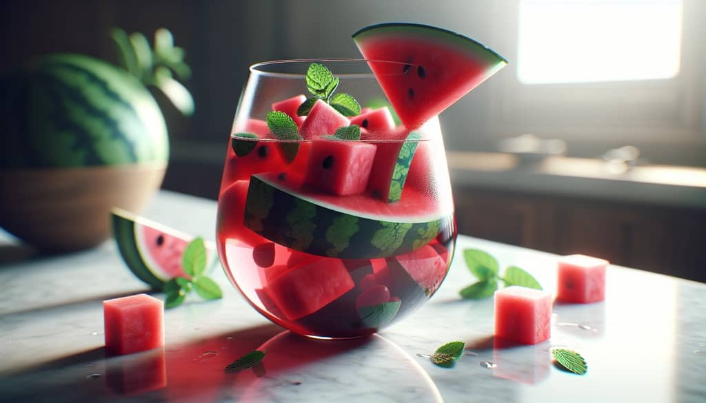 Sangria à la pastèque dans un verre à vin avec des cubes de pastèque fraîche