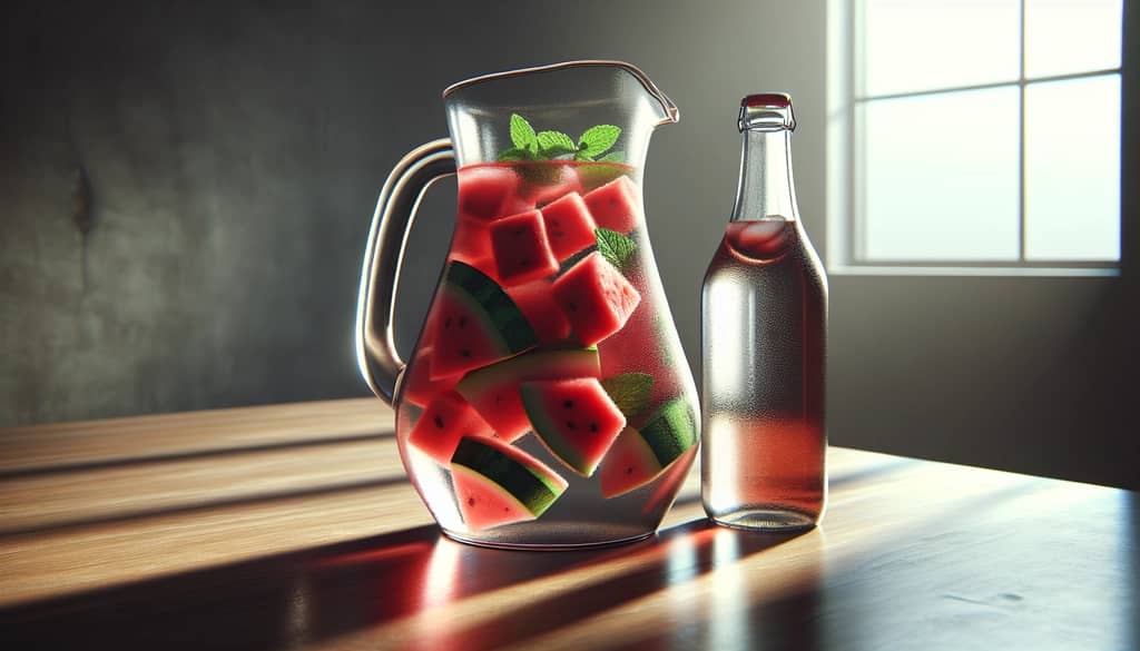 Pitcher of sangria with watermelon, mint, and ginger ale bottles nearby