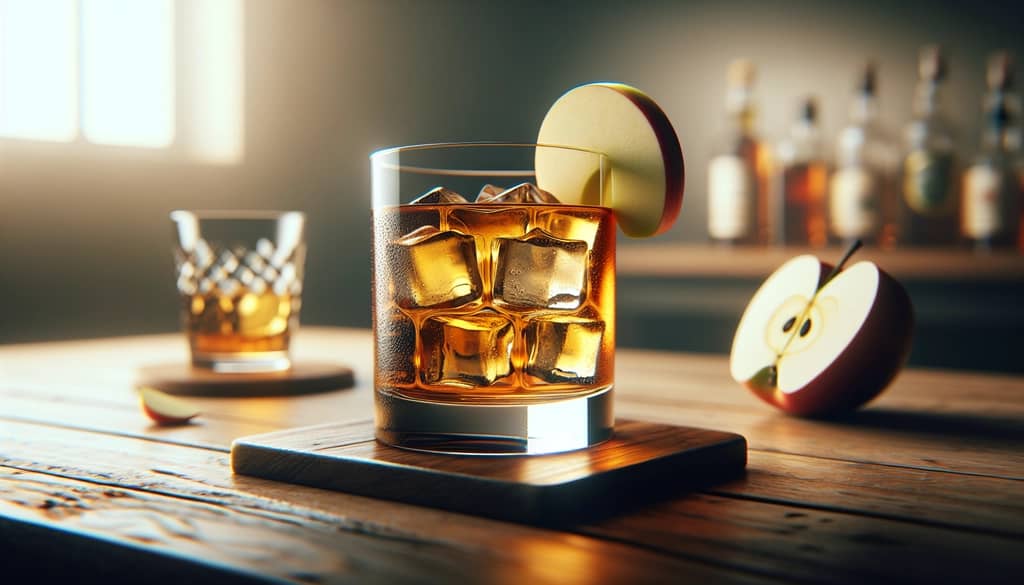 Koktail wiski sari apel dalam gelas rocks dengan hiasan irisan apel