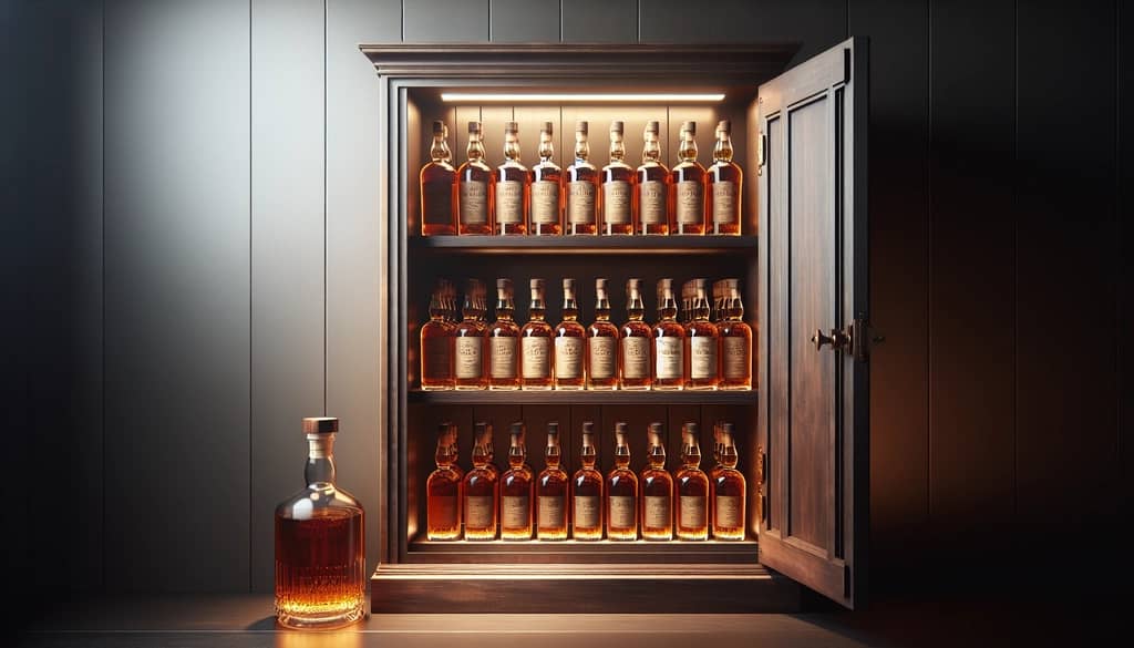 whiskey bottles in a closed cabinet with soft lighting