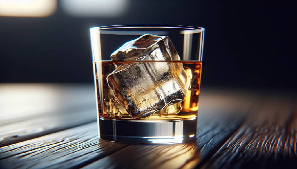 whiskey cocktail with large clear ice