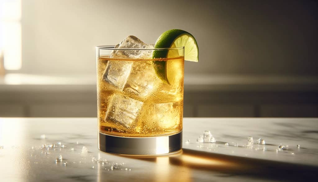 whiskey ginger highball w wysokiej szklance z kawałkiem limonki