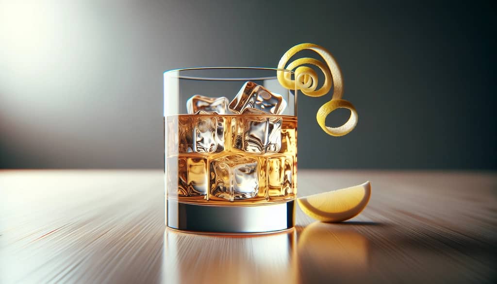 highball glass with whiskey soda and lemon twist