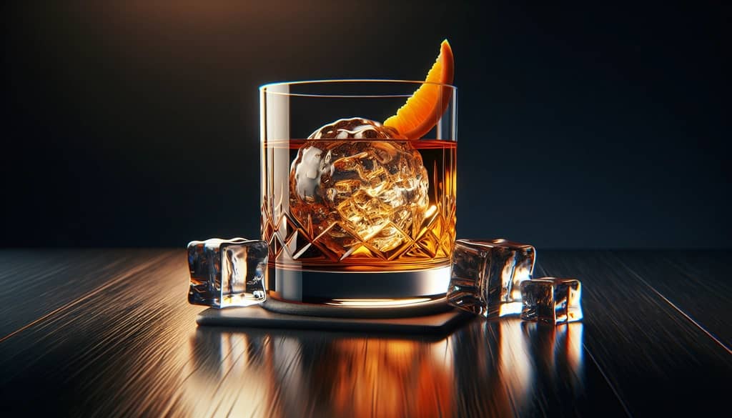 whiskey cocktail with a single large clear ice sphere