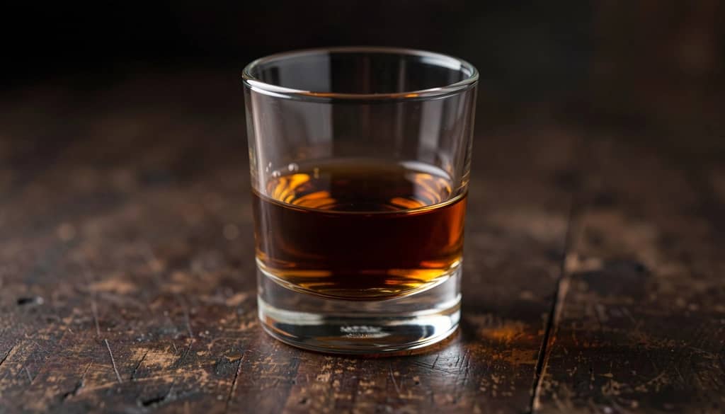 neat pour of whiskey in a rocks glass