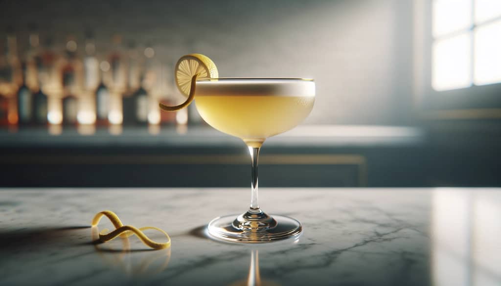 cóctel whiskey sour en una copa coupe con guarnición de twist de limón